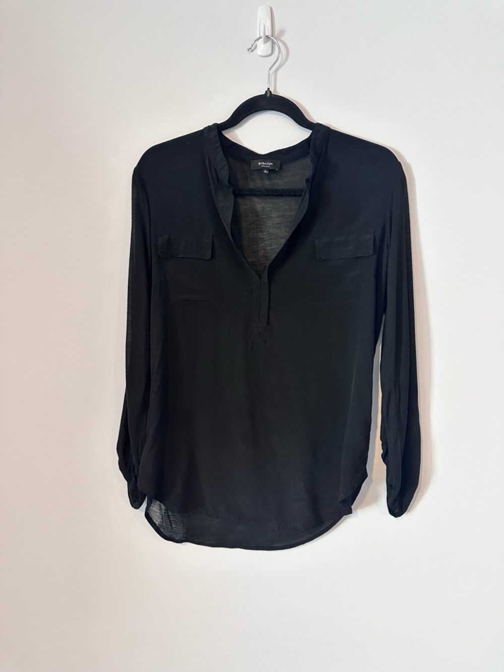 Babaton Black Silk Blouse Women’s Medium V-Neck Long Sleeve Semi Sheer - Picture 4 of 11